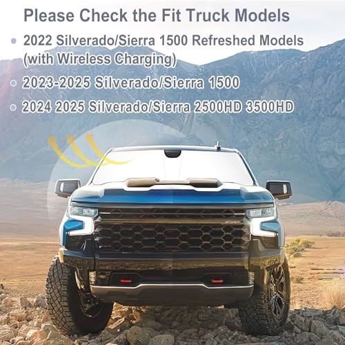 Image of Windshield Sun Shade for 2023-2026 Chevy Silverado /GMC Sierra 1500, 2024-2026 Silverado /Sierra 2500HD 3500HD & 2022 Refreshed Model, Fully Covered Foldable Front Sun Shade, Blocks UV Rays and Heat