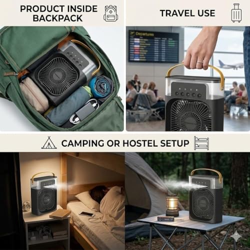 Image of DRUMSTONE Luxurious 5 Years Warranty Portable Rechargeable Air Cooler Fan with Mist Spray Instant Mini AC Cooling Powerful Airflow USB Charging Personal Desktop Cooler for Home Office Travel SummerUse