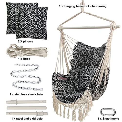 Rooity Hammock Chair With Tassels Hanging Rope Swing With 2 Cushions;Steel Spreader Bar With Anti Slip Rings;350Lbs Max;Cotton Woven Fabric For Bedroom,Patio,Porch,Deck-Indoor Outdoor Black/White #TOP1