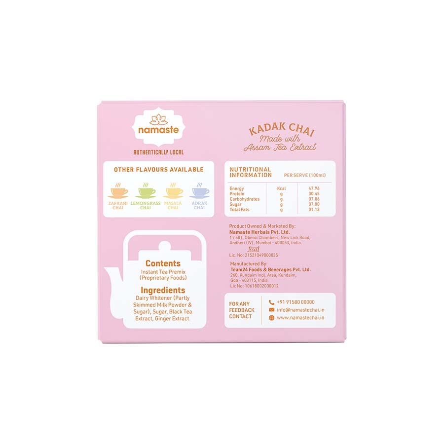 Miniatura 6 de Namaste Chai Instant Kadak Chai Powder Premix  Té Assam en polvo con leche y azúcar  Premezcla instantánea de té  0.78 oz x 10 sobres