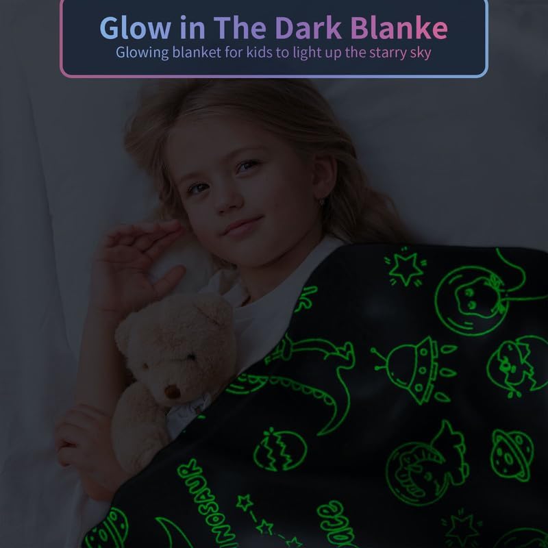 Image of Personalized Dinosaur Blanket for Boys - Glow in The Dark, Soft Fleece Throw for Kids, Toddlers - Birthday Gift, 30 inchx 40 inch