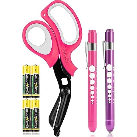 MEUUT 3 Pack Medical Scissors and penlights for Nurses with Four Batteries-One 8" Patented Trauma Scissor Bandage Scissor Two LED Pen lights for Nurse Doctor EMT First Aid Cover