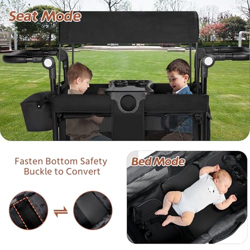 TODEFULL Foldable Wagon Stroller, All-Terrain Stroller for 2 Kids, Kids Wagon Cart Featuring with Harnesses, Adjustable Double Push Handle, Convert to Baby Bassinet, Large Storage Bag, Black - Thumbnail 6