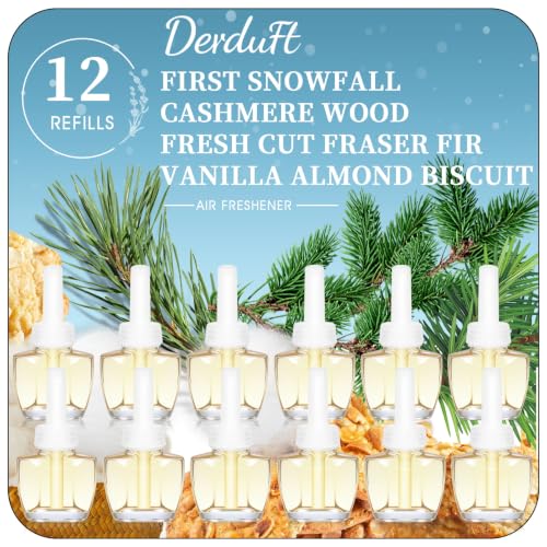 Image of Plug In Air Freshener Refills, 12ct, Wall Plug In Refill for Summer | Vanilla Almond Biscuit, Cashmere Wood, Fresh Cut Fraser Fir & First Snowfall - Compatible with Air Wick & Glade