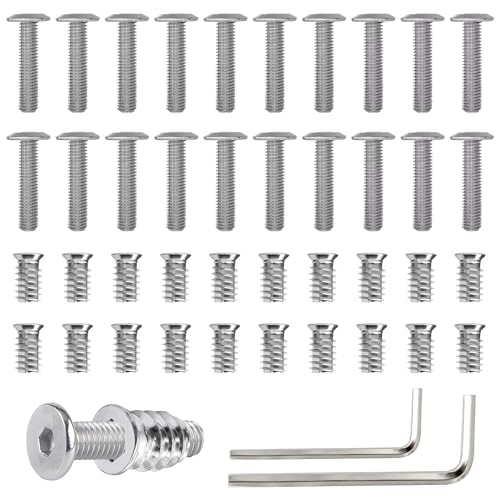 CATELL 20 Pièces M6 X 20 Vis et Écrous à Visser M6 X 15 mm Insert Fileté Bois Vis à Tête Plate m6 en Acier Inoxydable avec 2 Pcs Cle 6 Pans Inserts D'écrou pour Meubles en Bois L'équipement de Machine