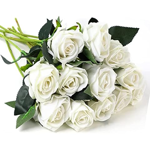 FINGOOO 12pcs Artificial Roses, 11.8” Single Stem Fake Rose Silk Realistic Flowers Wedding Bouquet Realistic Flower for Home Garden Party Wedding Décor, White Cover