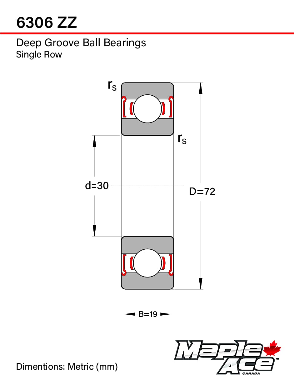 MAPLE ACE 6306-ZZ Ball Bearing 30x72x19mm 6306 ZZ Metal Shielded