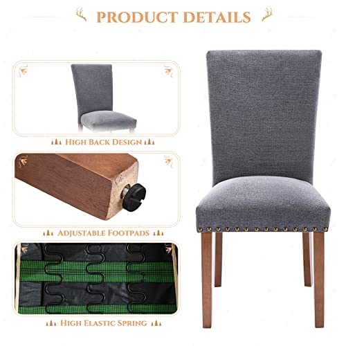 Image of Parsons Dining Chairs Set of 4, Upholstered Nailhead Dining Room Kitchen Side Chair with Thick Cushions and Wood Legs, Dark Grey