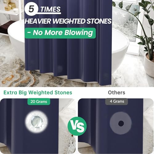 Image of AmazerBath Navy Blue Shower Curtain, Thick PEVA, Heavy Duty Waterproof 72x72 with 3 Weighted Stones and 12 Grommets