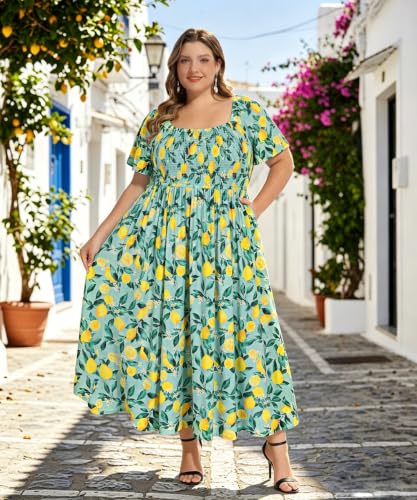 Image of RITERA Plus Size Dresses for Curvy Women Square Neck Short Sleeve Summer Floral Smocked Maxi Dress with Pocket XL-5XL