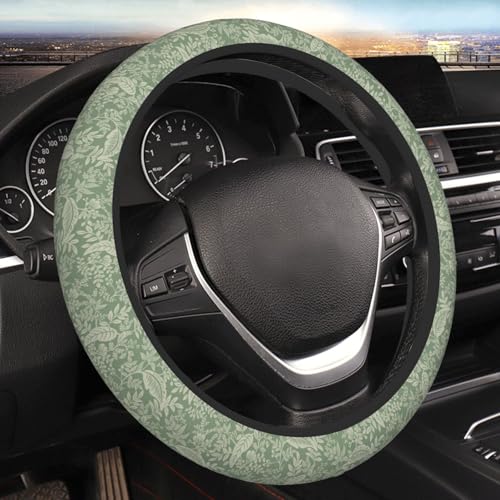 Sage Green Floral Steering Wheel Cover for Women Girls Men Universal 15 Inch Anti Slip Cute Steering Wheel Protector Car Accessories Interior for Auto Truck SUV