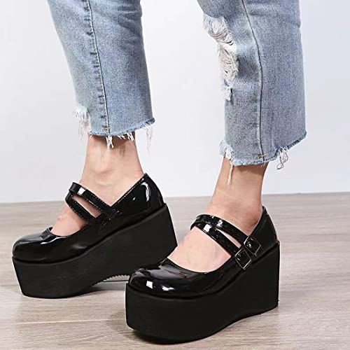 Image of Ulalaza Women Mary Jane Dress Pumps Lolita Shoes Cute Platform Gothic Double Ankle Strap Round Toe Chunky Heel Uniform Pumps Shoes Perfect for School Party Business Work Dance Date Night Club