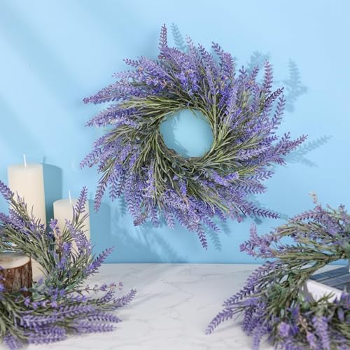Image of 4 Pcs Lavender Candle Rings Wreaths Mini Purple Wreath Table Centerpieces 3 Inch Floral Wedding Ring Wreaths Pillar Lavender Candle Holder for Spring Summer Home Door Party Decoration
