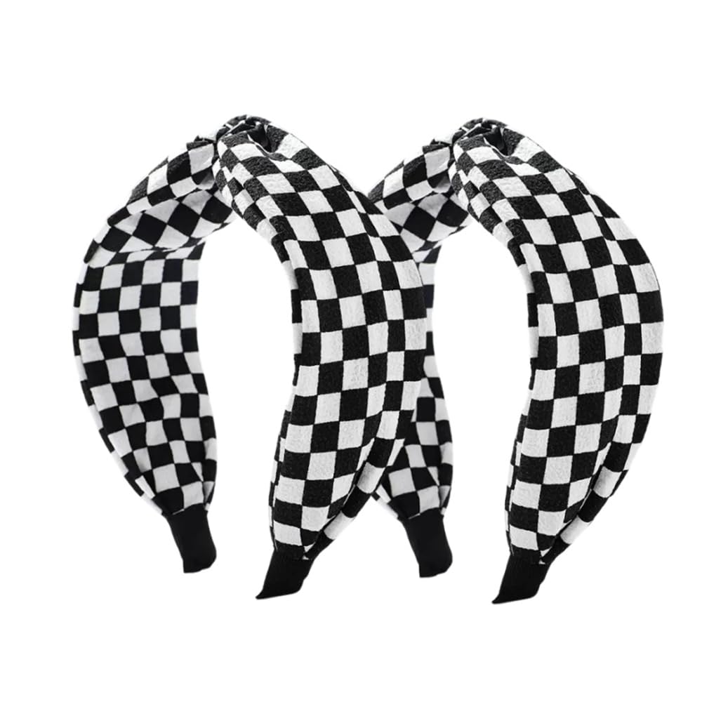 BaBakiak 2 PCS Checkered Headbands, Knotted Headbands for Women Non Slip Top Knot Hair Band Cross Knot Headband (Black White, Medium)