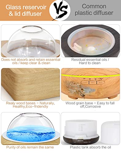 Glass Dome Essential Oil Diffuser With Glass Reservoir & Wood Base-Plastic Free, 200Ml Ultrasonic Glass Diffuser For Aromatherapy With Timer 7 Color Light Auto-Off For Gift Home Office Yoga Pilates #TOP2