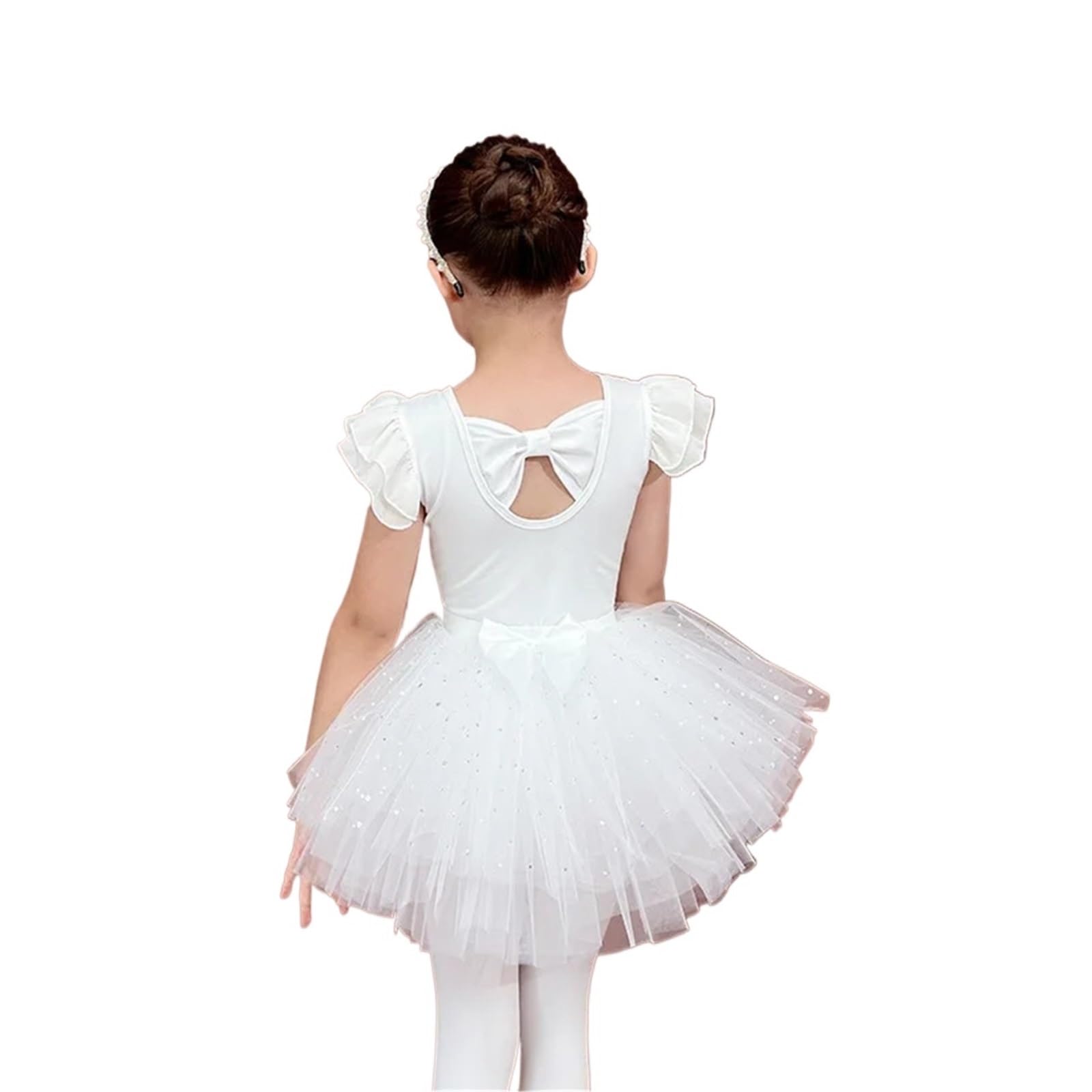 Body Danza Classica Donna Body da danza classica Maniche corte con volant Spalline incrociate sul retro Gonna tutù scintillante brillante Vestito ginnastica ritmica Fata