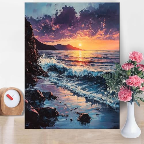 Pintar por Numeros Adultos Ondas, Pintar por Numeros Arrecife DIY Painting by Numbers Kits, con Lienzo Sin Arrugas, Pinceles y Pintura Acrílica para Decoración el Hogar, Mujeres Regalos 60x80cm W1-163
