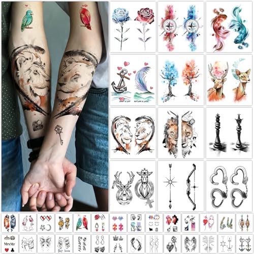 40 Sheets Valentines Day Temporary Tattoos for Adults Kids, Lion Deer Crown Heart Rose Puzzle Key Tree Poker Compass Anchor Wings Goldfish Fake Tattoos for Women Men Party Favor Supplies&Gifts