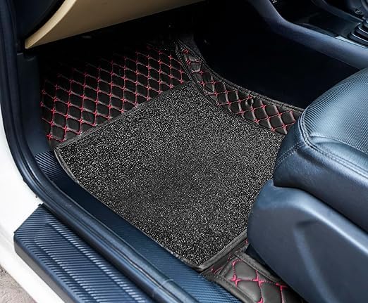 Image of 7D Luxury Car Mats for Mg Hector Plus (7 Seater)| Ultra-Premium PU Leather | Waterproof, Dustproof & Anti-Slip | Custom Fit All-Weather Floor Mats | Color : Black & Red
