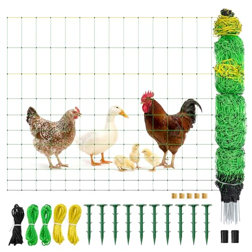 Electric Poultry Netting 41.5 H x 164 L Portable Electric Chicken Fence for Chickens Ducks Geese & Turkey Anti-Predator Poultry Net Fencing with Double Spike Posts for Backyard Farm & Homestead