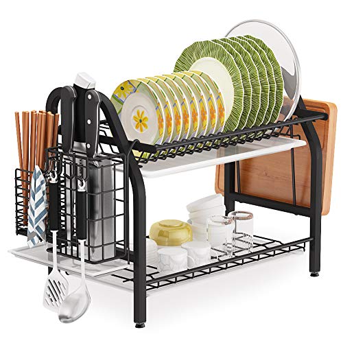 Dish Drying Rack, 1Easylife 2 Tier Dish Rack Stainless Steel with Utensil Knife Holder and Cutting Board Holder Dish Drainer with Removable Drain Board for Kitchen Counter Organizer Storage Black