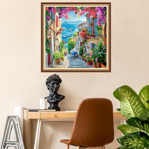 Image of Fanxvivy Stamped Counted Cross Stitch Kits for Adults Printed Cross-Stitch Patterns 11CT Stamped or Counted Cross Stitching Embroidery Kit Needlepoint Kits-Seaside Street View 18x18 inch