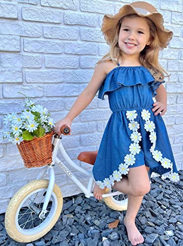 Babecute Toddler Baby Girl Summer Clothes Denim Daisy Floral Print Ruffled Off Shoulder Romper Jumpsuit Chambray Romper Girls Dress(2-3T), 2T #TOP3