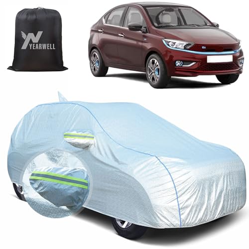Image of Car Body Cover for Tata Tigor EV, 100% Waterproof, Heat-Resistant with Mirror & Antenna Pockets, Soft Cotton Lining, Triple Stitched, Piping & Reflector (Reflective Silver)