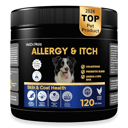 Dog Allergy Itch Relief Chews Supplement – Itchy Skin, Hot Spot & Dry Skin Support for Paw Licking, Anti-Itch Allergy Chews with Fish Oil, Colostrum & Probiotics – 120 Ct