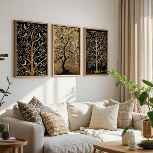 Image of Livin'luxe Set of 3 Golden Tree Wall Art Premium MDF Wooden Color Framed HD UV Printed Decorative Painting for Living Room Bedroom Hallway Office Home Decor 11 Inch x 14 Inch