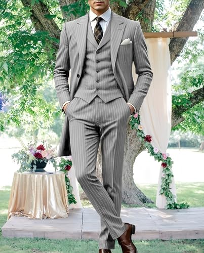 VENNYNG Men's Stripes Suit Peak Lapel 3 Pieces Long Jacket Pants Vest Set Male Formal Wedding Party Set2