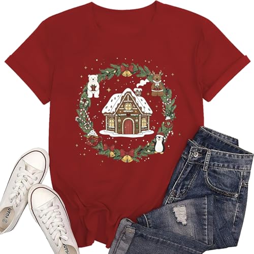 Christmas T-Shirt for Women Gingerbread House Holiday Wreath Graphic Tee Cute Xmas T Shirt