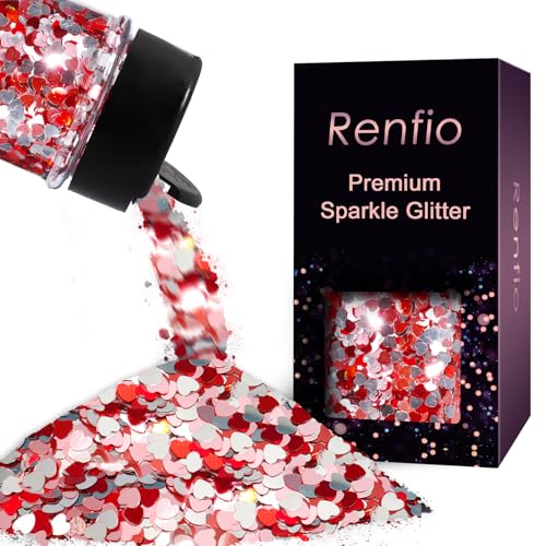 Renfio Loving Heart Shape Chunky Glitter Red Pink Silver Mixed Color Glitter for Valentines Day 1.76oz/50g Iridescent Sequin for Snowglobe Tumbler Resin Craft Nail Face Hair Festival Decor Ornament