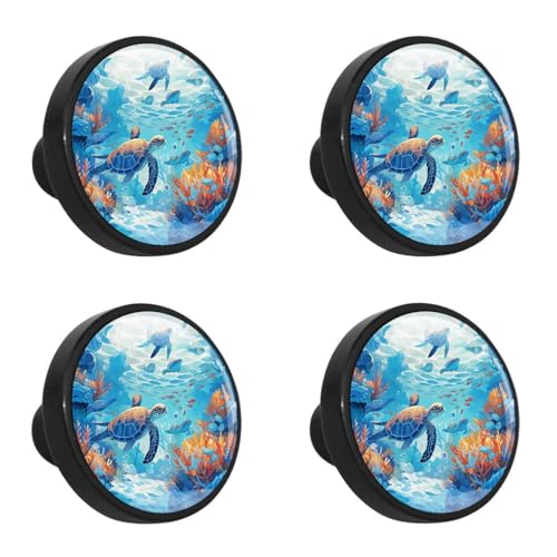 NUEAHEDN 4 Pieces Dresser Knobs for Drawer Turtle Art Kitchen Cabinet Knobs Round Door Pull Handle for Home Nursery Furniture Cupboard
