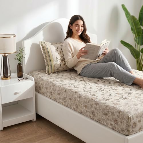 Image of Mafatlal 186 TC Spring Glory Graceful Pure Cotton Single Flatsheet (60 x 90 Inch) | Breathable Summer Comfort | Wrinkle-Free Floral Bedsheet with 1 Pillow Cover, Floral Beige