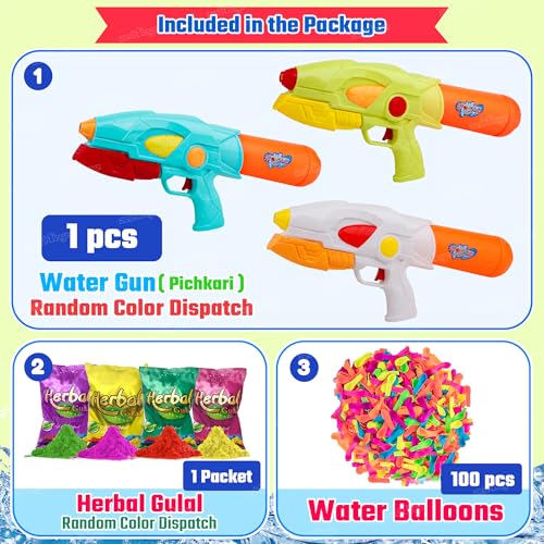 Image of Zest 4 Toyz Holi Water Gun for Kids High Pressure Water Pichkari with 1 Herbal Gulal and 100 Water Balloons for Boys and Girls