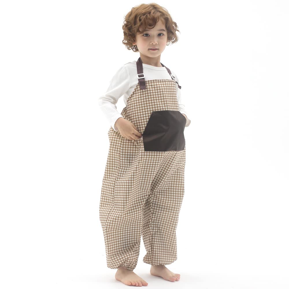 Kids Art Smock Dungaree Style, Lightweight Waterproof Painting Apron with Adjustable String, Quick-Dry Messy Play Overall for Boys Girls School Crafts, Brown Check (28-S)