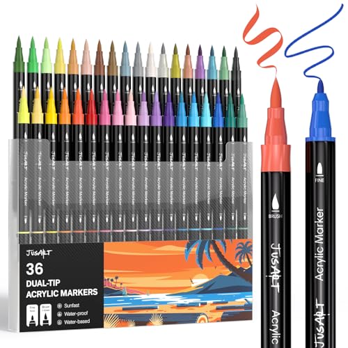 Image of JusArt 36 Colors Dual Tip Acrylic Paint Pens Markers, Brush and Fine Tip, Premium Paint Pens for Wood, Canvas, Egg, Stone, Fabric, Rocks, Metal, Glass, Ceramic, DIY Crafts Making Art Supplies Gifts