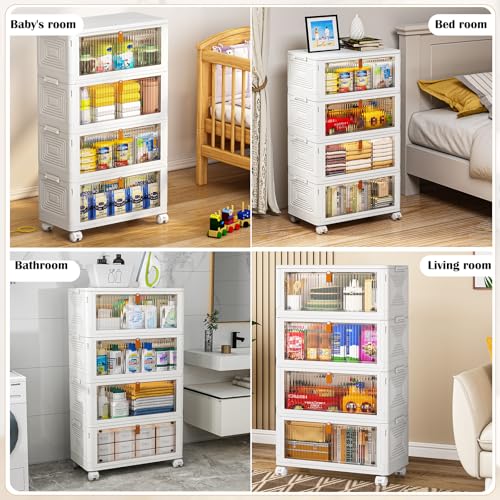 Image of YFXCVSL 4 Tier Plastic Storage Bins with Lid 36QT, Stackable Storage Containers with Wheels, Folding Storage Boxes, Stackable Storage Bins, Organizers and Storage for Living Room,Office,Dorm