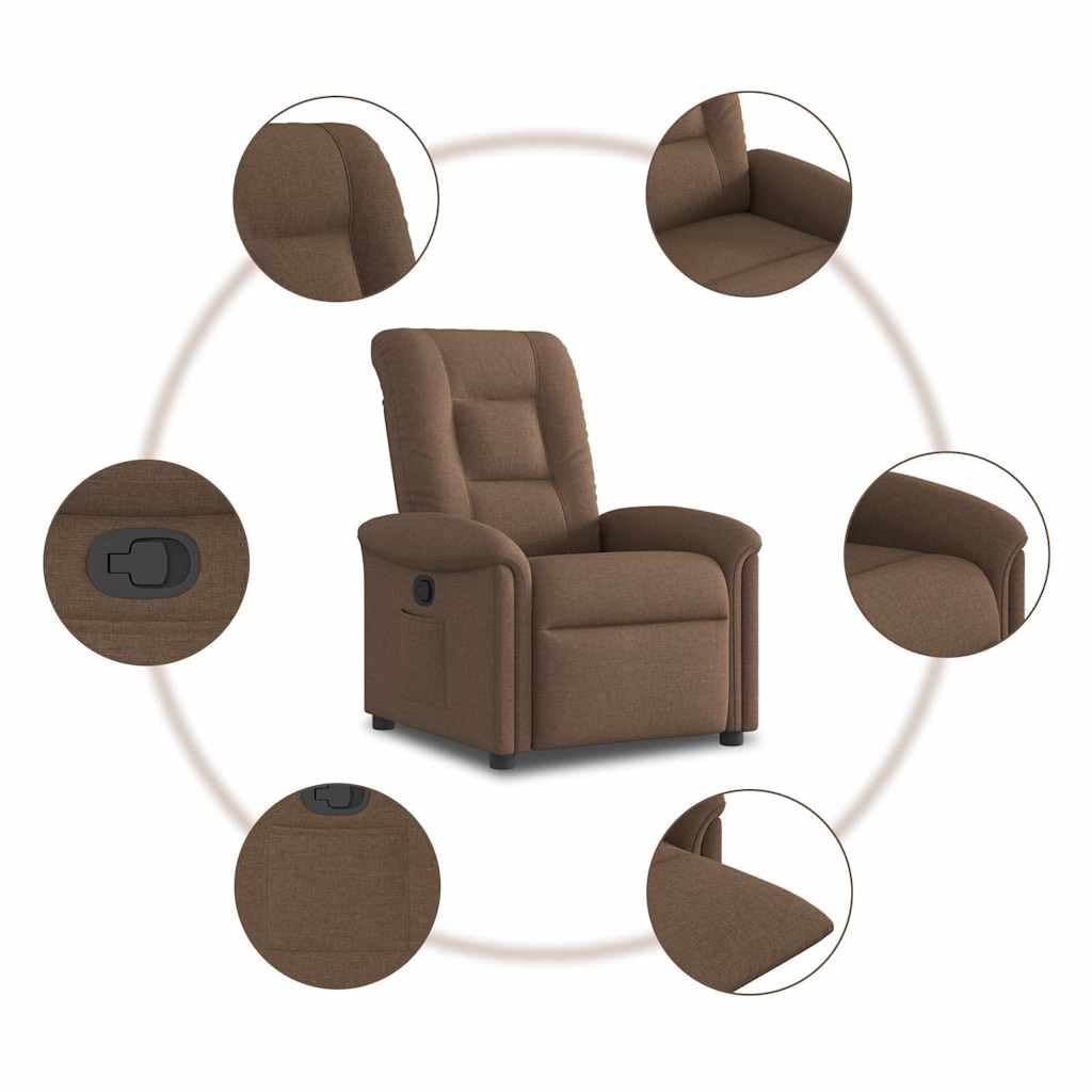 Fotel relaksacyjny, brązowy, materiał z regulowanym oparciem i podnóżkiem, ergonomiczny fotel wypoczynkowy z tapicerką, drewniana metalowa rama, kieszeń boczna do salonu, czytania, oglądania