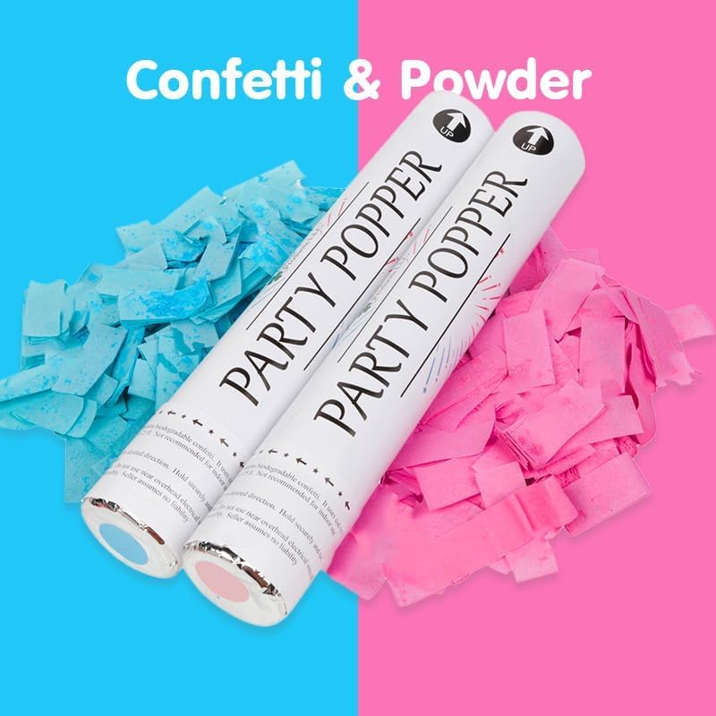 Clover Products Premium Gender Reveal Powder Cannon - 4-pak zawiera 2 niebieskie i 2 różowe | 30-centymetrowe zatrzaski ujawniające płeć | Zasilane sprężonym powietrzem | Każde pudełko zawiera DARMOWY