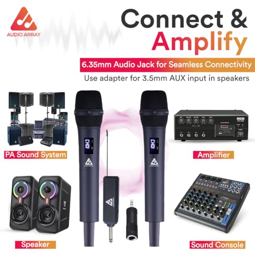 Image of Audio Array AM-W32 UHF Dual Wireless Metal Microphones | Built-in Rechargeable Battery | 6-8 Hours Backup | 60M Range | Karaoke, DJ, Events, PA System | Echo & Volume Controls