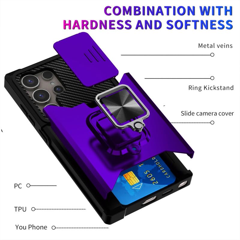 Image of LuxuryKase Shockproof Armor Case for Samsung Galaxy S24 Ultra | Slide Camera Cover | Hidden Card Slot | Rotating Ring Kickstand | Magnetic Car Mount Support | Military Grade Protection - Purple