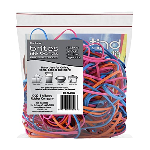 Image of Alliance Rubber 07800 Non-Latex Brites File Bands, Colored Elastic Bands, 50 Count (Pack of 2) (7 inch x 1 /8 inch, Assorted Bright Colors in Resealable Bag),Blue /Orange /Pink