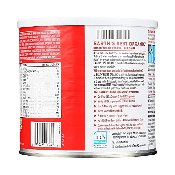 Earth's Best Organic Baby Formula for Babies 0-12 Months, Powdered Dairy Infant Formula with Iron, Omega-3 DHA, and Omega-6 ARA, 21 oz Formula Container