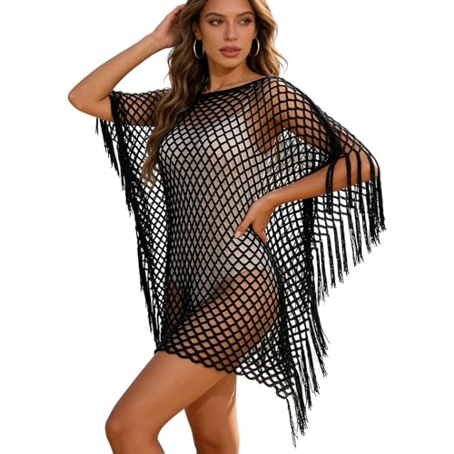 KASESSS Cache Maillot de Plage Noir en Maille avec Franges, Bohème Chale Femme Pareo de Plage,...
