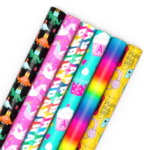 Hallmark Kids Wrapping Paper, 6 Rolls (Dinosaurs, Unicorns, Rainbows)