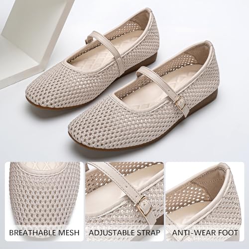 Image of Buyrew Women's Mary Jane Flats Breathable Mesh Square Toe Ballet Flats with Arch Support Washable Non Slip Casual Dress Shoes for Work Office