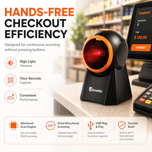Image of BRONTIX Desktop Barcode Scanner, 2D QR Code | Billing POS System, Hands Free Auto Sensing USB Barcode Reader, Fast Omni Directional Scanning, Retail Store, Warehouse
