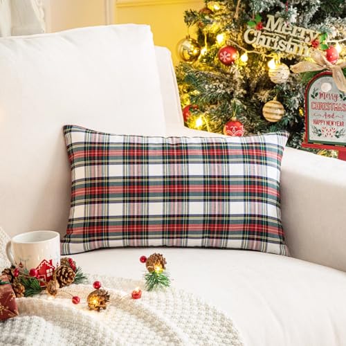 Image of AQOTHES Christmas Plaid Decorative Throw Pillow Covers Red White 12x20